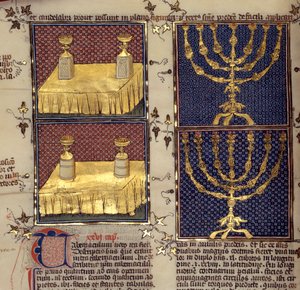 Judentum: „Vorschlagstische und Leuchter, die in hebräischen Riten verwendet werden“ Miniatur aus „Kommentare zur Bibel“ von Nicholas de Lyra (13. Jahrhundert)