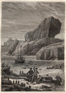 Kerguelen-Inseln. Illustration für Die großen Navigatoren des achtzehnten Jahrhunderts von Jules Verne - James Cook auf den Kerguelen-Inseln im Jahr 1776 (Archipel von Kerguelen oder Iles de la Desolation) - in „Die Reisenden des 18. und 19. Jahrhunderts -