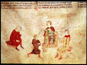 König Artus auf seinem Thron, umgeben von seinen Beratern, aus dem Roman de Meliadus