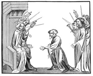 König Karl der Große (742-814) empfängt den Treue- und Huldigungseid eines seiner Lehnsherren, aus einer Miniatur in Kamee der Chroniken von St. Denis