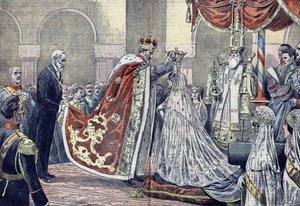 König Ferdinand I. von Rumänien krönt seine Königin von French School