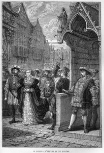 König Heinrich VIII. (1491-1547) sieht Anne von Kleve (1515-1557) - Gravur aus „L