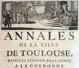 König Philipp der Kühne in Toulouse im Jahr 1272 in „Annales de la ville de Toulouse“ von Germain de Lafaille, Toulouse