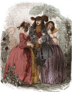 König von Frankreich Ludwig XIV. (1638-1715) mit Hortense Mancini (1646-1699) und seiner Schwester Marie Mancini (1639-1715). Nichten von Mazarin. Gravur aus dem 19. Jahrhundert. von French School