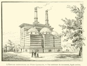 Das Krematoriumsgebäude von Père-Lachaise, Außenansicht des Denkmals, Rückfassade von French School