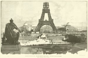 Die Weltausstellung von 1889, Stand der Arbeiten am Champ de Mars, Blick vom Palais du Trocadéro, nach einem Foto von M. H.-C. Godefroy von French School