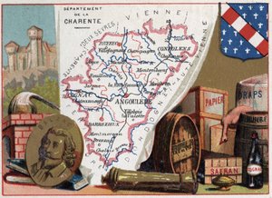 La Charente, Poitou-Charentes, Frankreich. Porträt von Honoré de Balzac (1799-1850), französischer Schriftsteller. Lokale Spezialität: Brandy, Safran, Papier, Bettlaken, Öl, Brandy. Serie über die französischen Departements. Chromolithographie, ca. 1920. P