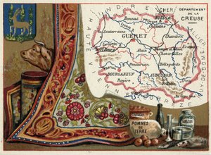 La Creuse, Le Limousin, Frankreich. Kastanien, Kartoffeln und Blutegel. Serie über die französischen Departements. Chromolithographie, ca. 1920. Privatsammlung.