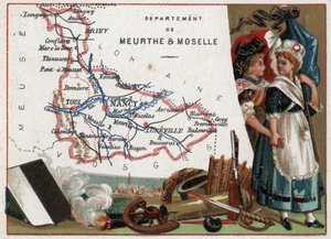 La Meurthe et Moselle (Meurthe-Et-Moselle, 54), Lothringen, Frankreich. Porträt von zwei revolutionären Frauen. Serie über die französischen Departements. Chromolithographie „der geografische Faden“, um 1920. Private Sammlung von French School