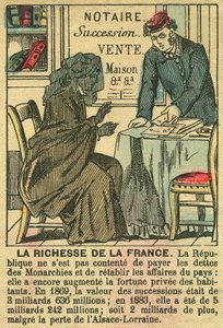 La Riche de la France, Darstellung der Vorteile der Dritten Republik für die persönliche Bereicherung der Franzosen. Stich, in „Le Figaro, Beilage“, am 30.03.1889, Paris. von French School