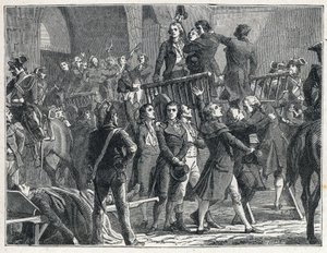 Die Schreckensherrschaft während der Französischen Revolution: Girondisten, die zum Tode verurteilt wurden, verlassen singend patriotische Lieder das Schafott