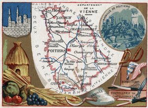 La Vienne, Poitou-Charentes, Frankreich. Samen, Chatellerault-Besteck und Strümpfe. Serie über die französischen Departements. Chromolithographie, ca. 1920. Privatsammlung.