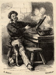 Die Bouillabaisse des Matrosen aus Marseille im 19. Jahrhundert - Gravur in „PATRIE“ - BESCHREIBUNG PACUREQUIRESSE DE LA FRANCE IN 6 BÄNDEN VON LUCIEN HUARD - Ende des 19. Jahrhunderts von French School