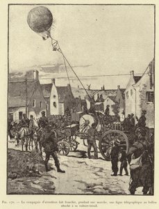 Die Aerostier-Kompanie überquert während eines Marsches eine Telegrafenlinie mit dem an ihrem Windenwagen befestigten Ballon
