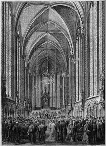 Die Messe des Heiligen Geistes, gefeiert in der Sainte Chapelle von Paris, anlässlich der Rückkehr der Justiz, am 3. November 1863. Gravur in "Le Monde Illustré" Nr. 343 vom 7. November 1863 von French School