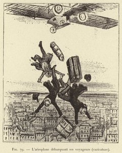 Das Flugzeug entlädt seine Passagiere (Karikatur) (Gravur) von French School