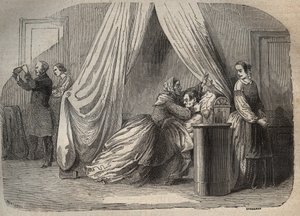 Die letzten Momente von Charles Lafarge (1811-1840), Ehemann von Marie Fortunée Capelle, Marie Lafarge (Madame) (1816-1852) französische Kriminelle - Gravur in „Causes célèbres de tous les peuples“ von Armand Fouquier (1817-18?) 1858-1867 - private Sammlun