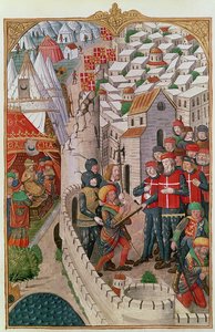 Die Hinrichtung der beiden Türken, die 1480 in Rhodos eingedrungen waren und planten, den Kommandanten der Garnison zu vergiften, aus A History of the Siege of Rhodes, von Guillaume Caoursin, 1483