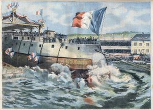 Stapellauf des Panzerschiffs République in Brest, Frankreich. Gravur in Le Petit Parisien