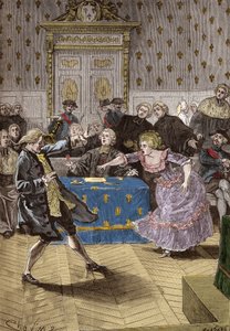 Prozess der Halskettenaffäre der Königin Marie-Antoinette - Vor dem Parlament von Paris drängt Cagliostro die falsche Gräfin von Lamotte-Valois zu weit, eine Intrigantin, die den Kardinal von Rohan täuschte. 31. Mai von French School