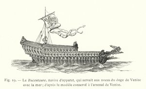 Der Bucentaure, Prunkschiff, das bei der Hochzeit des Dogen von Venedig mit dem Meer verwendet wurde; nach dem im Arsenal von Venedig aufbewahrten Modell (Stich) von French School
