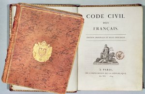 Le Code Civil des Francais, zeigt den Einband und die Titelseite, Erstausgabe veröffentlicht 1804