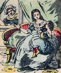Le Pere Fouettard, französische Figur des Peitschenvaters, legendäre Figur des Folklore, die unartige Kinder bestraft: seine Frau, La Mere Fouettard, die Peitschenmutter, die die braven Kinder nicht tadelt - Epinal-Bild von French School