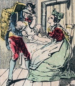 Le Pere Fouettard, französische Figur des Peitschvaters, legendäre Figur des Folklore, die unartige Kinder bestraft und ungehorsame Kinder einsperrt, Epinal-Bild 19. Jahrhundert (Gravur) von French School