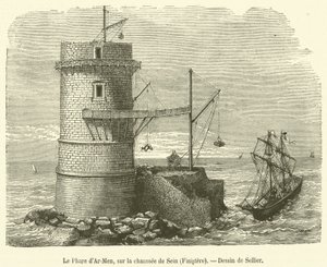 Der Leuchtturm von Ar-Men, auf der Chaussee von Sein, Finistère (Stich) von French School