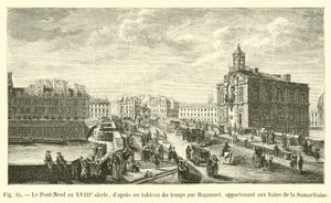 Pont-Neuf im 18. Jahrhundert, nach einem zeitgenössischen Gemälde von Raguenet, im Besitz der Bäder von Samaritaine