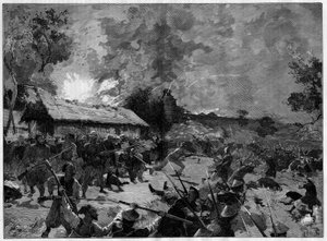 Der Hinterhalt von Hue, 4.-5. Juli 1885: Angriff einer tonkinischen Armee (Vietnam) gegen die französischen Truppen von General de Courcy. Gravur in „Le Monde Illustré“ von French School