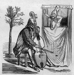 Der Maestro Offenbach erobert mit seiner Musik alle Theater von Paris. Der deutsch-französische Komponist Jacques Offenbach (1819-1880) spielt Cello. Karikatur von Cham. Gravur in 