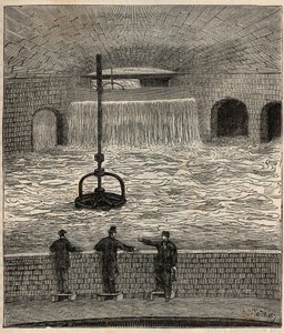 Das Reservoir von Montsouris (Reservoir de la Vanne), eines der fünf Hauptwasserreservoirs von Paris - Gravur in „Wissenschaften für alle - Physik und Chemie populär“ von Alexis Clerc - Ende 19. Jahrhundert - Private Sammlung von French School