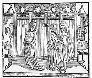 Das Theater im Mittelalter: drei Personen auf der Bühne - Gravur von Térence de Jean Trechsel, herausgegeben in Lyon von French School