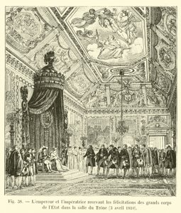 Der Kaiser und die Kaiserin empfangen die Glückwünsche der großen Staatsorgane im Thronsaal, 3. April 1810 von French School