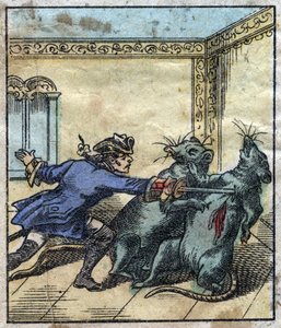 Lemuel Gulliver kämpft gegen Ratten im Land der Riesen von Brobdingnag. Illustration für "Gullivers Reisen" von Jonathan Swift. Epinal-Bildgebung Ende des 19. Jahrhunderts. von French School