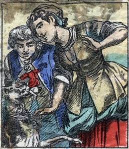 Lemuel Gulliver im Land der Riesen von Brobdingnag. Illustration für "Gullivers Reisen" von Jonathan Swift. Epinal-Bildgebung Ende des 19. Jahrhunderts.