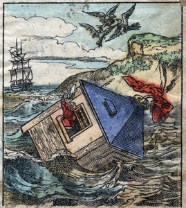 Lemuel Gulliver ist in seinem Haus im Land der Riesen von Brobdingnag. Illustration für „Gullivers Reisen“ von Jonathan Swift (1667-1745). Epinal Imaging Ende des 19. Jahrhunderts.
