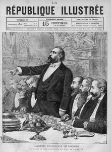 Léon Gambetta (1838-1882) hält eine Rede beim Bankett der Weinhändler der Seine. Gravur von 1880 in „La république illustrée“ private Sammlung.