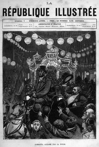 Léon Gambetta (1838-1882) begrüßt die Statue auf dem Place de la République in Paris. Eine Zeitung. Gravur von 1880 in „La république illustrée“ private Sammlung.