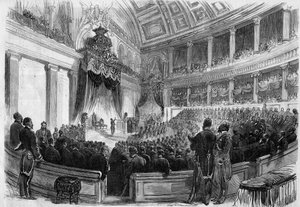 Leopold II (1835-1909), König der Belgier, legte 1865 einen Eid vor den großen Staatsorganen ab.