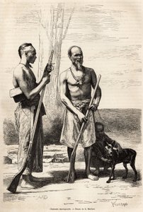 Die Bergjäger der Insel Formosa, Gravur nach einer Zeichnung von D. Maillard, zur Illustration der Reise nach China, von J. Thompson, 1870-1872, veröffentlicht in „Le tour du monde“ 1875, herausgegeben von Edouard Charton, Hachette, Paris. Selva-Sammlung