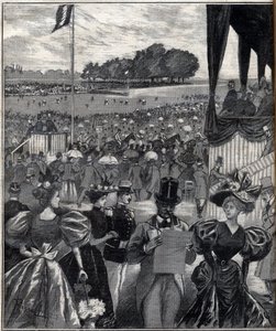 Les courses de Lyon (Rennbahnen von Lyon) - nach dem Grand Prix - Gravur in „Le Progres Illustré“ von 1895. von French School