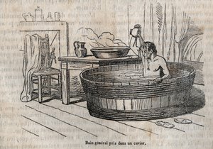 Die Gesten des Bades - Hygiene im 19. Jahrhundert - Bad in einer Schüssel - Gravur in „La Sante Universelle - Guide Medical des Familles“ 1852 von French School