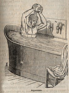 Die Gesten des Bades - Hygiene im 19. Jahrhundert - Mann in einer Badewanne - Gravur in „La Sante Universelle - Guide Medical des Familles“ 1852 von French School