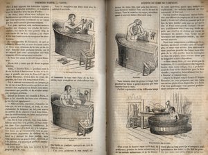 Die Gesten des Bades - Hygiene im 19. Jahrhundert - Mann in einer Badewanne - Gravur in „La Sante Universelle - Guide Medical des Familles“ 1852 von French School