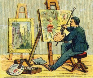 Buchstabe A: Maler in seinem Atelier. Gravur in "ABC indechirable auf lackierter Leinwand". A. Capendu, Herausgeber, Paris, spätes 19. Jahrhundert. Kinderbuchhandlung illustriert. 8 Seiten. Maße: 21,5x18cm
