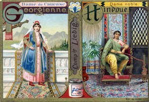 Buchstabe G als georgische Kaukasus-Dame und H als hinduistische Edeldame. Frauenalphabet. Serie von 12 Bildern. Liebig-Werbung von French School