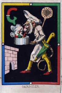 Buchstabe G wie Gargotier. Affenalphabet. Holzgravur. Bild von Epinal von French School