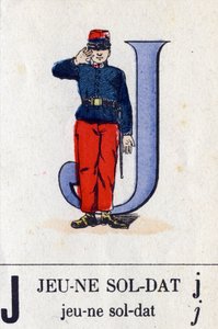 Buchstabe J als junger Soldat. Militäralphabet. Imaging von Epinal, ca. 1870-1880. Schablonenkolorierte Holzschnitte von French School